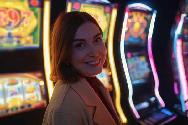 Neon ışıklarla aydınlatılmış ortamda casino fişleri tutan şık bir kadın, NEMESIS BET’ün premium online casino atmosferini temsil eder.